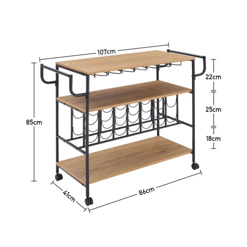 Living and Home Metallic Rolling Serving Bar Cart with Wine Rack