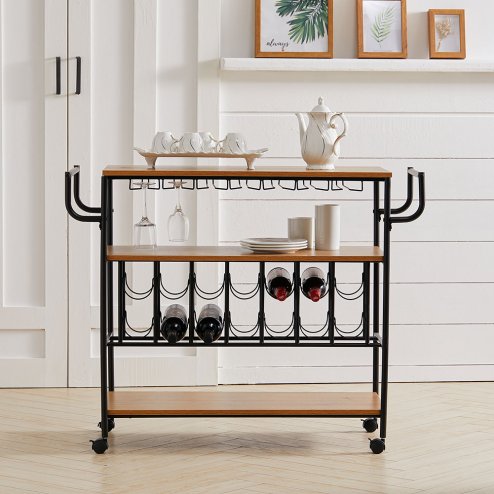 Living and Home Metallic Rolling Serving Bar Cart with Wine Rack