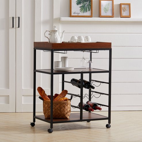 Living and Home Rustic Bar Wooden Mobile Serving Cart with Wheels