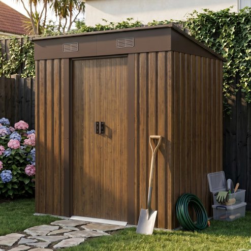 Living and Home 6.36 x 3.97FT Pent Roof Metal Garden Storage Shed with Lockable Sliding Doors, Brown Wood Grain