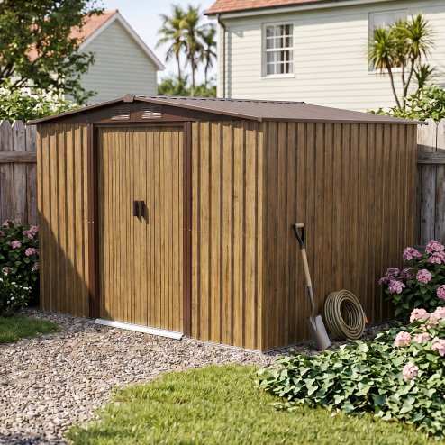 Living and Home 8.46 x 6.79FT Apex Roof Metal Garden Storage Shed with Lockable Sliding Doors, Brown Wood Grain