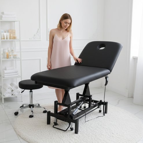 Living and Home Electric Height Adjustable Massage Table, Reclining Facial Spa Bed with Backrest Adjustment, Mobile Beauty Tattoo Bed with Wheels, 180cm Black PU Salon Treatment Bed