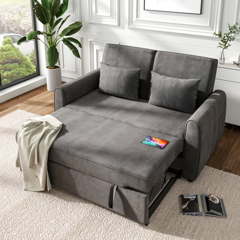 Living and Home Dark Grey Fabric Convertible 2 Seater Sofa Bed with 2 Throw Pillows, Foldable Pull Out Sofa Bed for Living Room