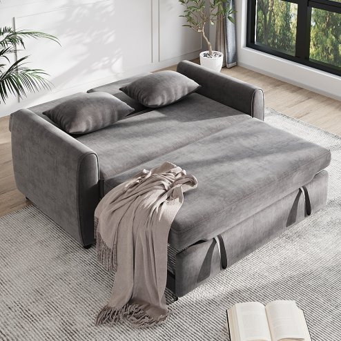 Living and Home Dark Grey Fabric Convertible 2 Seater Sofa Bed with 2 Throw Pillows, Foldable Pull Out Sofa Bed for Living Room