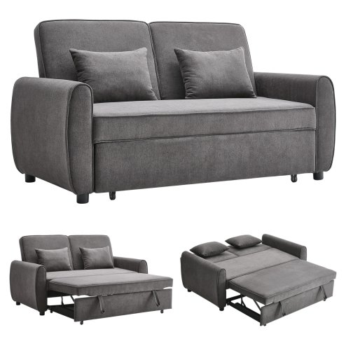 Living and Home Dark Grey Fabric Convertible 2 Seater Sofa Bed with 2 Throw Pillows, Foldable Pull Out Sofa Bed for Living Room