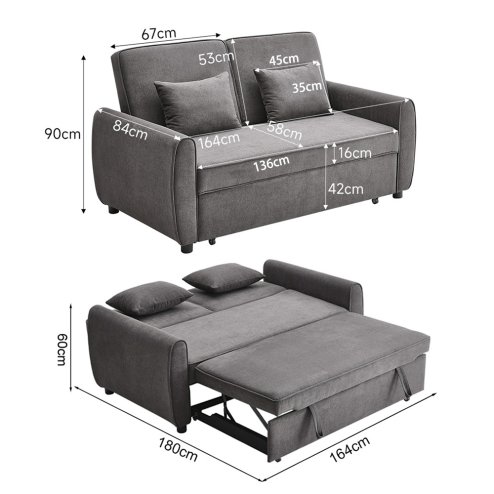 Living and Home Dark Grey Fabric Convertible 2 Seater Sofa Bed with 2 Throw Pillows, Foldable Pull Out Sofa Bed for Living Room