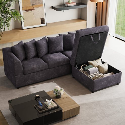 Chenille Upholstered 3-Seater Corner Sofa with Footstool