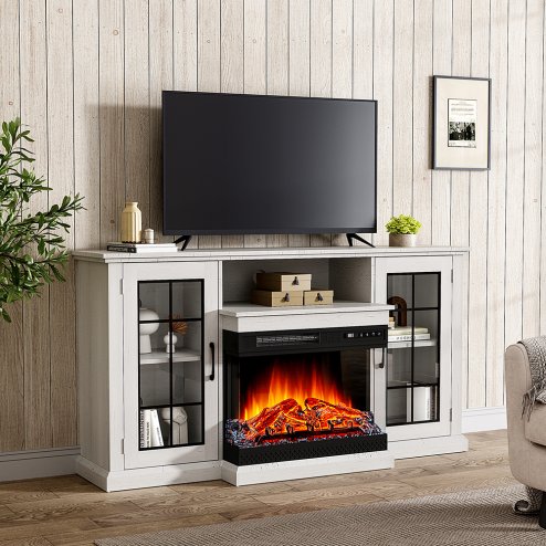 3-Sided Electric Fireplace TV Stand with Glass Door Closed Storage