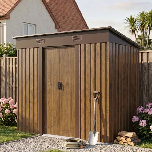 Living and Home 7.81 x 4.3FT Pent Roof Metal Garden Storage Shed, 3D Wood Grain Finish with Foundation, Vents & Sliding Doors