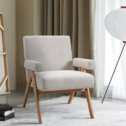 Linen Upholsteried Armchair with Wooden Legs
