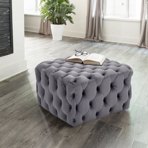 70cm W Square Velvet Upholstered Buttoned Footstool, Grey