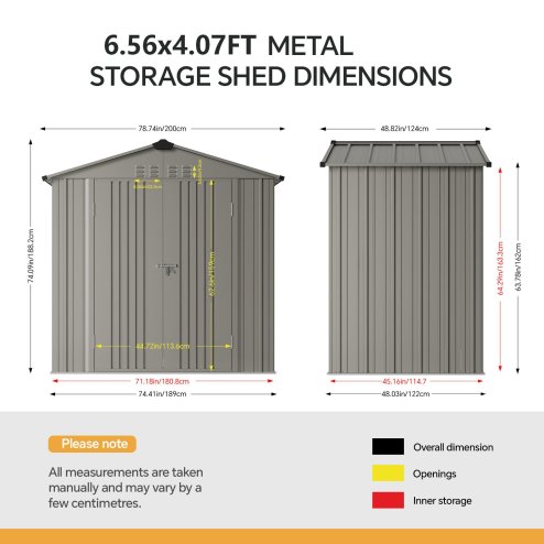 Living and Home 6.56 x4.07FT Grey Aluminium Color Metal Storage Shed, Apex Roof with Lockable Hinged Doors & Vents