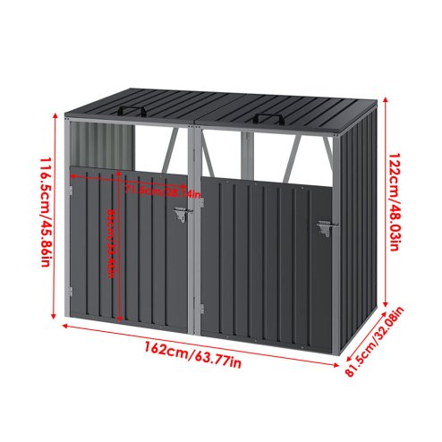 Metal Outdoor Bin Shed for 2 Trash Bins, Charcoal Black