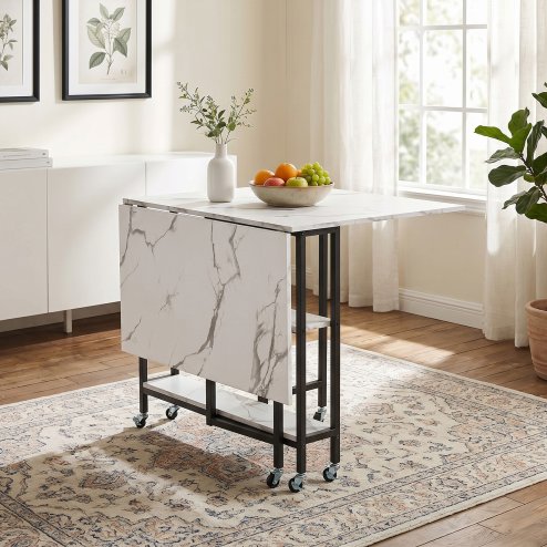 Living and Home 120x80cm Folding Dining Table with Wheels and Storage Shelves