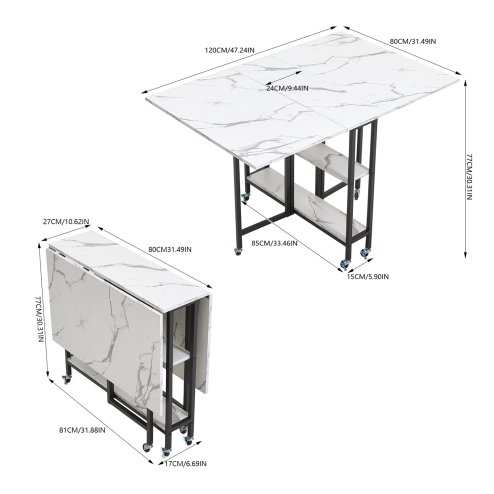Living and Home 120x80cm Folding Dining Table with Wheels and Storage Shelves