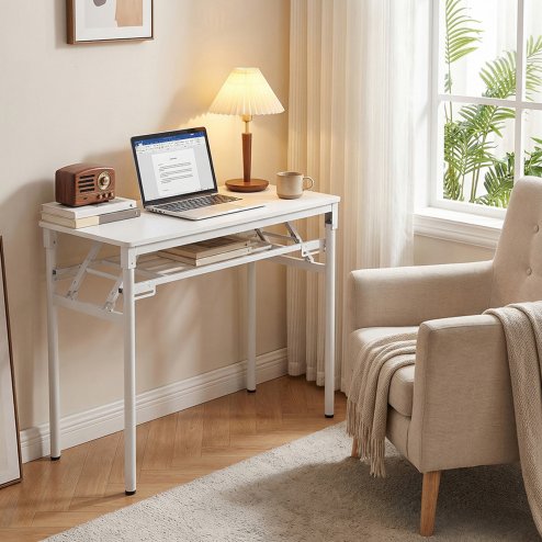 Living and Home 2-Tier Folding Office Desk Foldable Writing Table-White, 80x40cm