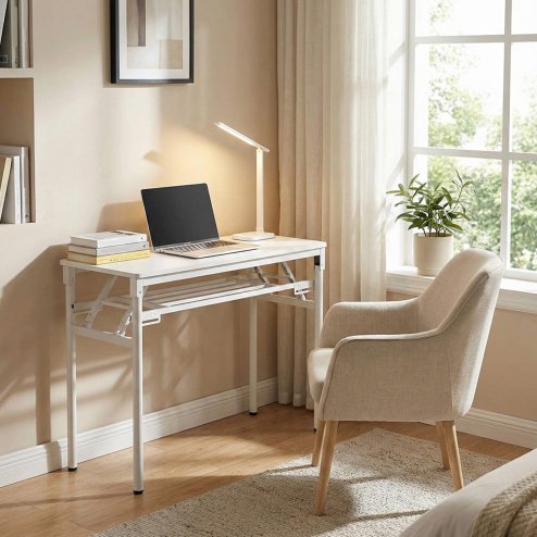 Living and Home 2-Tier Folding Office Desk Foldable Writing Table-White, 100x40cm