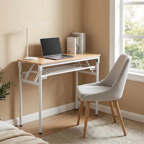 Living and Home 2-Tier Folding Office Desk Foldable Writing Table-Wood Color, 100x40cm