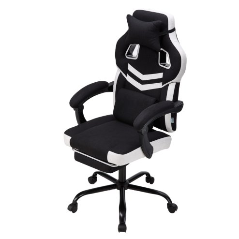 Living and Home Tech Fabric Ergonomic Reclining Gaming Chair, Black+White, w/ Massage Lumbar Support & Footrest