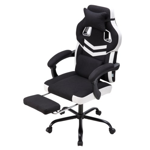Living and Home Tech Fabric Ergonomic Reclining Gaming Chair, Black+White, w/ Massage Lumbar Support & Footrest