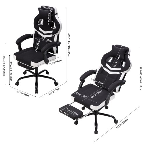 Living and Home Tech Fabric Ergonomic Reclining Gaming Chair, Black+White, w/ Massage Lumbar Support & Footrest