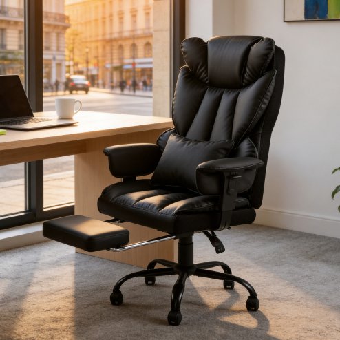 Living and Home Black PVC High‑Back Executive Swivel Office Chair, Reclining Chair with Retractable Footrest & Adjustable Armrests