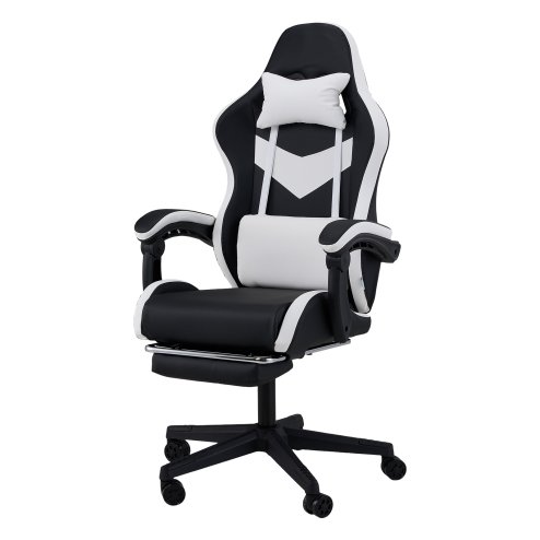 Living and Home PVC Leather Gaming Chair, Black+White, 135° Reclining Racing Game Chair with Massage Lumbar Support, Footrest & Headrest