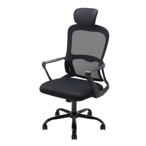Living and Home Black Mesh Office Chair, Ergonomic Swivel Desk Chair with Adjustable Flip‑Up Headrest, Fixed Armrests and 15° Tilt Recline