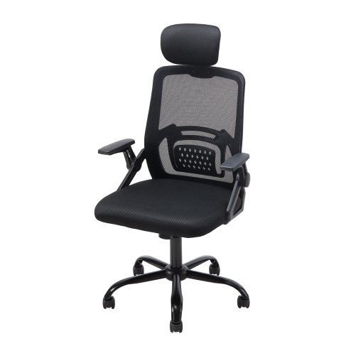 Living and Home Black Mesh Office Chair, Ergonomic Swivel Desk Chair with Flip‑Up Armrests, Adjustable Headrest and 15° Tilt Recline