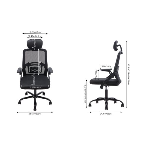 Living and Home Black Mesh Office Chair, Ergonomic Swivel Desk Chair with Flip‑Up Armrests, Adjustable Headrest and 15° Tilt Recline