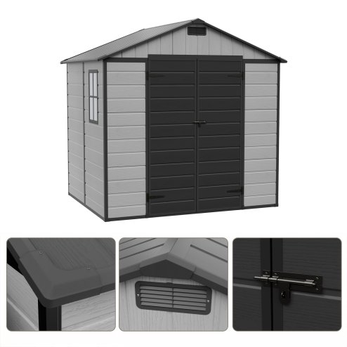 Living and Home 7.53 x 6.07FT Apex Roof Plastic Garden Storage Shed, Grey+Black, Lockable Double Doors & Window, Weather-Resistant PP & Aluminium Frame Tool Shed