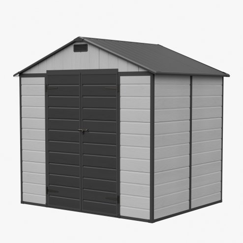 Living and Home 7.53 x 6.07FT Apex Roof Plastic Garden Storage Shed, Grey+Black, Lockable Double Doors & Window, Weather-Resistant PP & Aluminium Frame Tool Shed