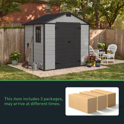 Living and Home 7.53 x 6.07FT Apex Roof Plastic Garden Storage Shed, Grey+Black, Lockable Double Doors & Window, Weather-Resistant PP & Aluminium Frame Tool Shed