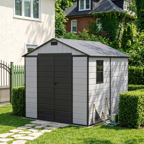 Living and Home 7.53 x 8.01FT Apex Roof Plastic Garden Storage Shed, Grey+Black, Lockable Double Doors & Window, Weather-Resistant PP & Aluminium Frame Tool Shed