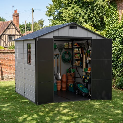 Living and Home 7.53 x 8.01FT Apex Roof Plastic Garden Storage Shed, Grey+Black, Lockable Double Doors & Window, Weather-Resistant PP & Aluminium Frame Tool Shed