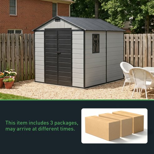 Living and Home 7.53 x 8.01FT Apex Roof Plastic Garden Storage Shed, Grey+Black, Lockable Double Doors & Window, Weather-Resistant PP & Aluminium Frame Tool Shed