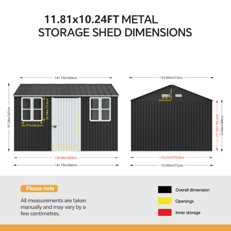 11.81 x 10.24FT Metal Apex Roof Garden Tool Shed