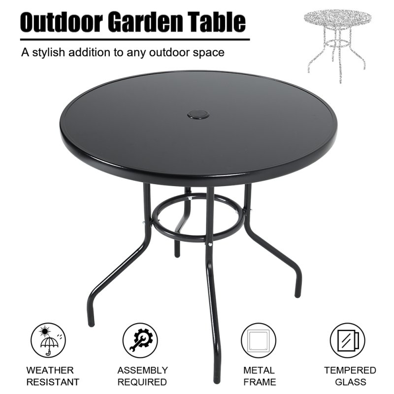 Metallic and Tempered Glass Garden Table with Parasol Hole Outdoor Multi Size