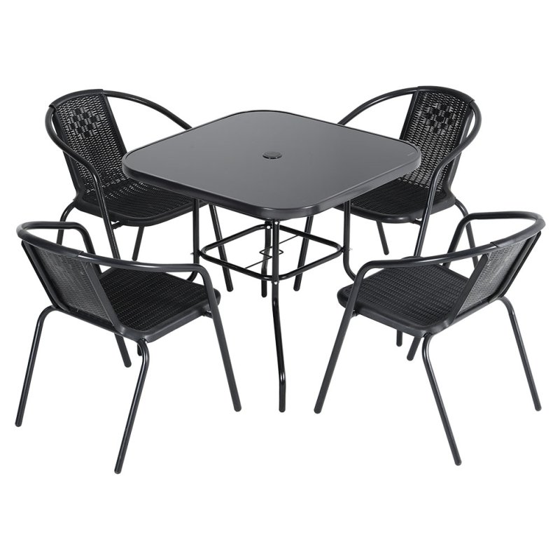 5-Piece Outdoor Tempered Glass Garden Table with Four Rattan Chairs