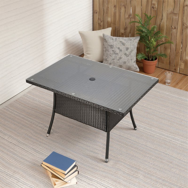 150x90cm Garden Rattan Tempered Glass Top Rectangular Table with Parasol Hole