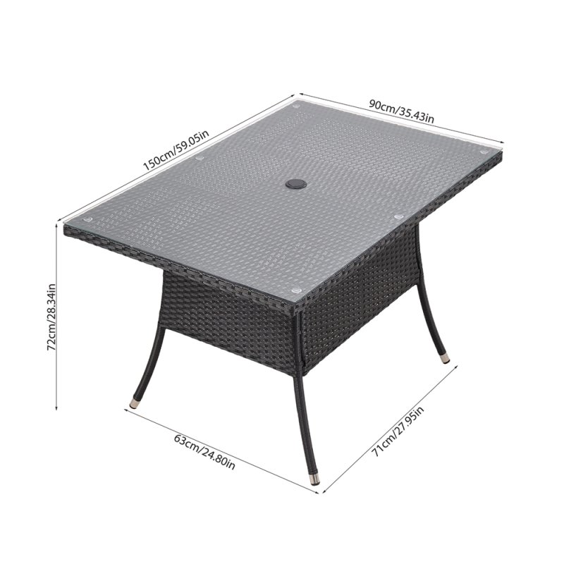 150x90cm Garden Rattan Tempered Glass Top Rectangular Table with Parasol Hole