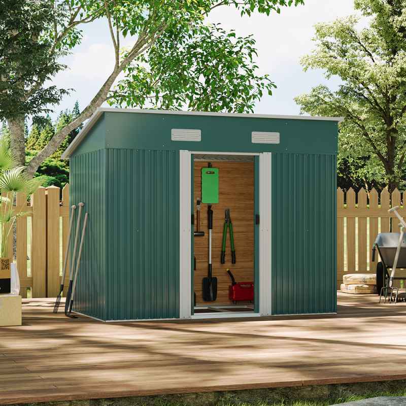 Living and Home 4x8FT Metal Pent Roof Garden Tool Shed, Dark Green