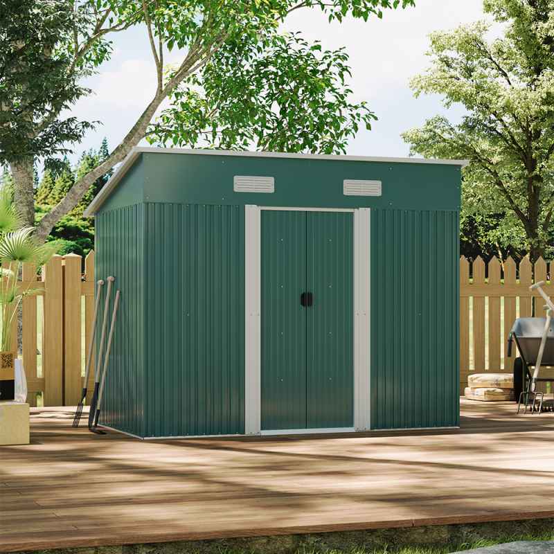 Living and Home 4x8FT Metal Pent Roof Garden Tool Shed, Dark Green