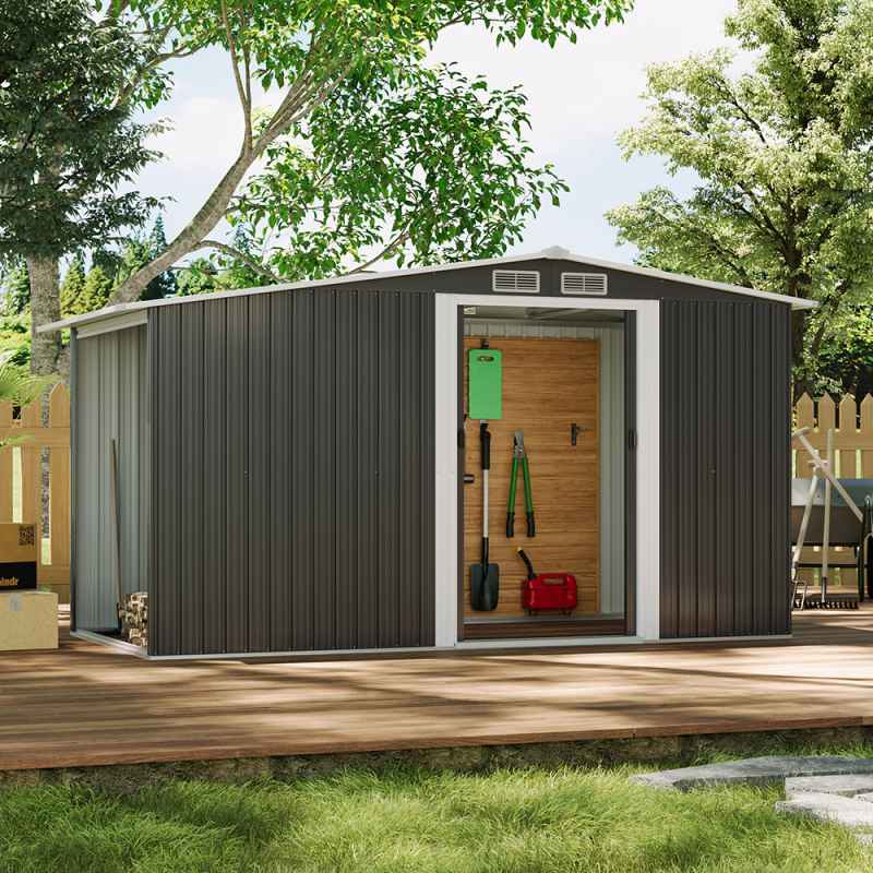 Living and Home 4x8FT Metal Garden Storage Shed with Log Storage, Anthracite