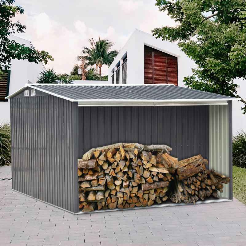 Living and Home 8ft x 8ft Garden Metal Storage Shed with Log Storage, Black