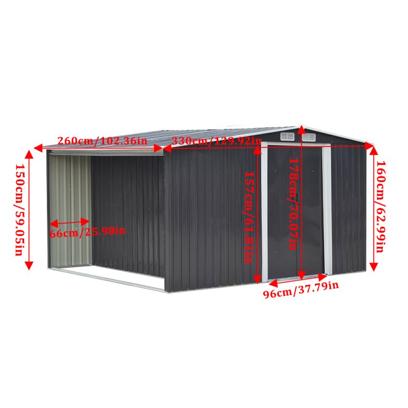 Living and Home 8ft x 8ft Garden Metal Storage Shed with Log Storage, Black