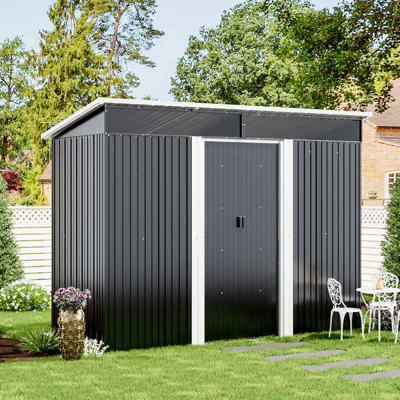 Living and Home 8 x 4 ft Garden Metal Storage Shed with Lockable Sliding Doors, Charcoal Black