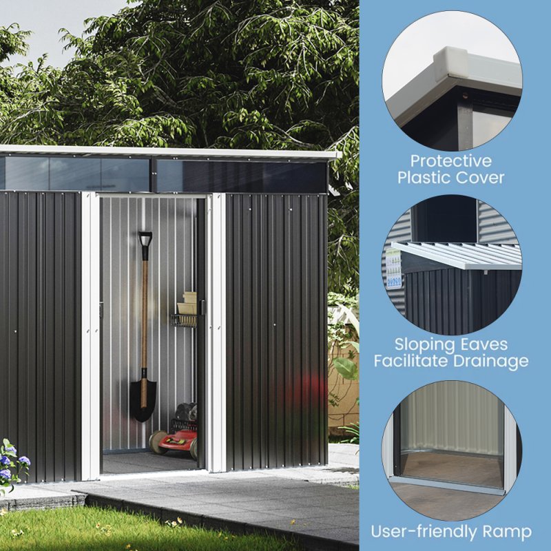 Living and Home 8 x 4 ft Garden Metal Storage Shed with Lockable Sliding Doors, Charcoal Black