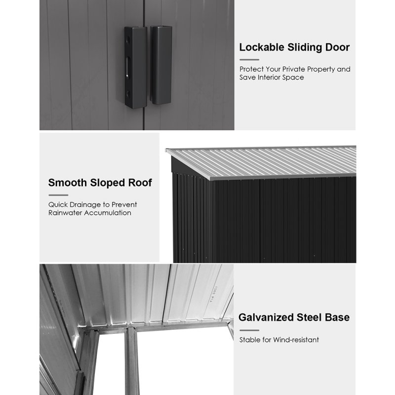 Living and Home 8 x 4 ft Garden Metal Storage Shed with Lockable Sliding Doors, Charcoal Black