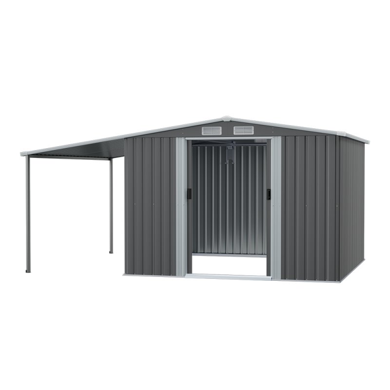 Living and Home Outdoor Metal Storage Shed with Lean-to, Dark Grey